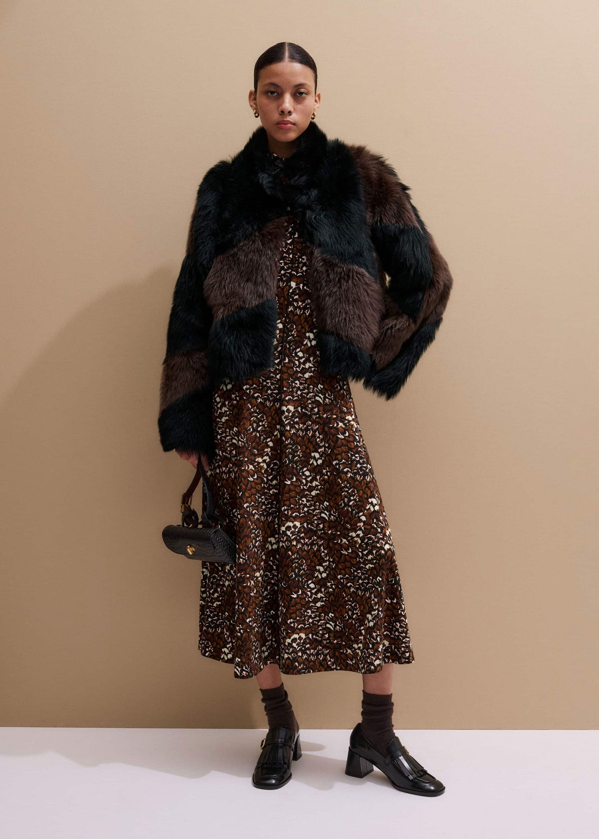 Brown Twisting Feather Print High Neck Maxi Dress | ME+EM Clothing