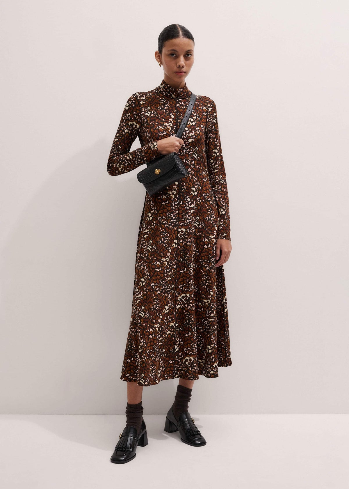Brown Twisting Feather Print High Neck Maxi Dress | ME+EM Clothing