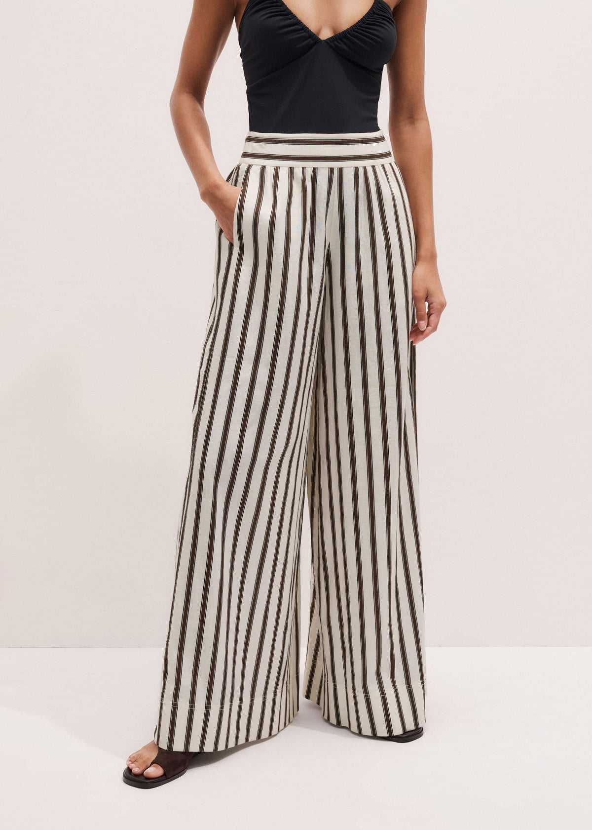 Cream Linen-Blend Spring Stripe Wide-Leg Pant | ME+EM Clothing