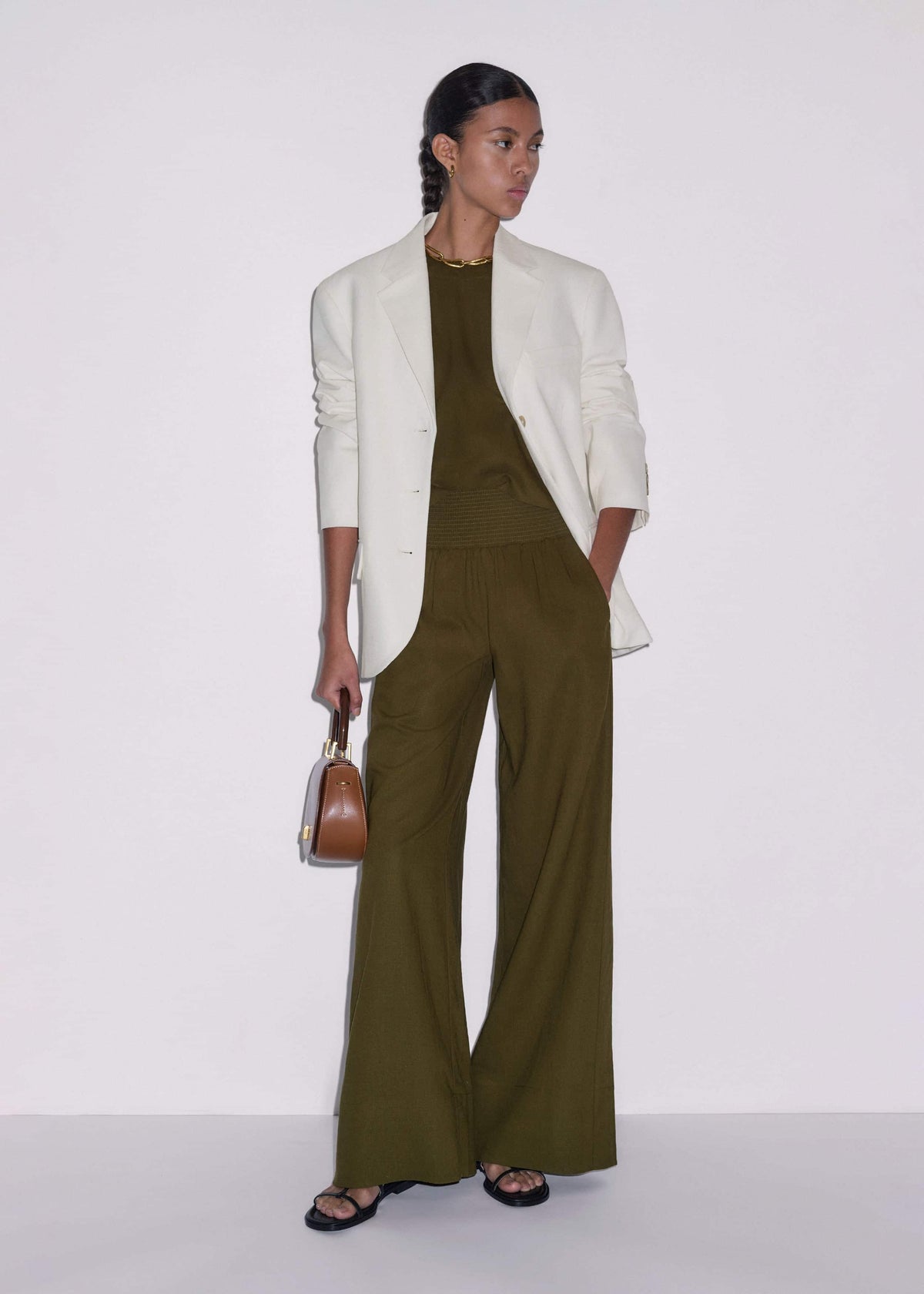 Olive Green Shirred Wide Pant | ME+EM Clothing
