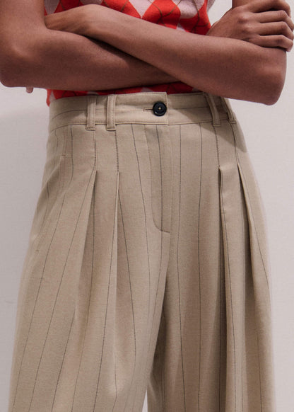 Brown Wide-Leg Double Pleat Pinstripe Pant | ME+EM Clothing