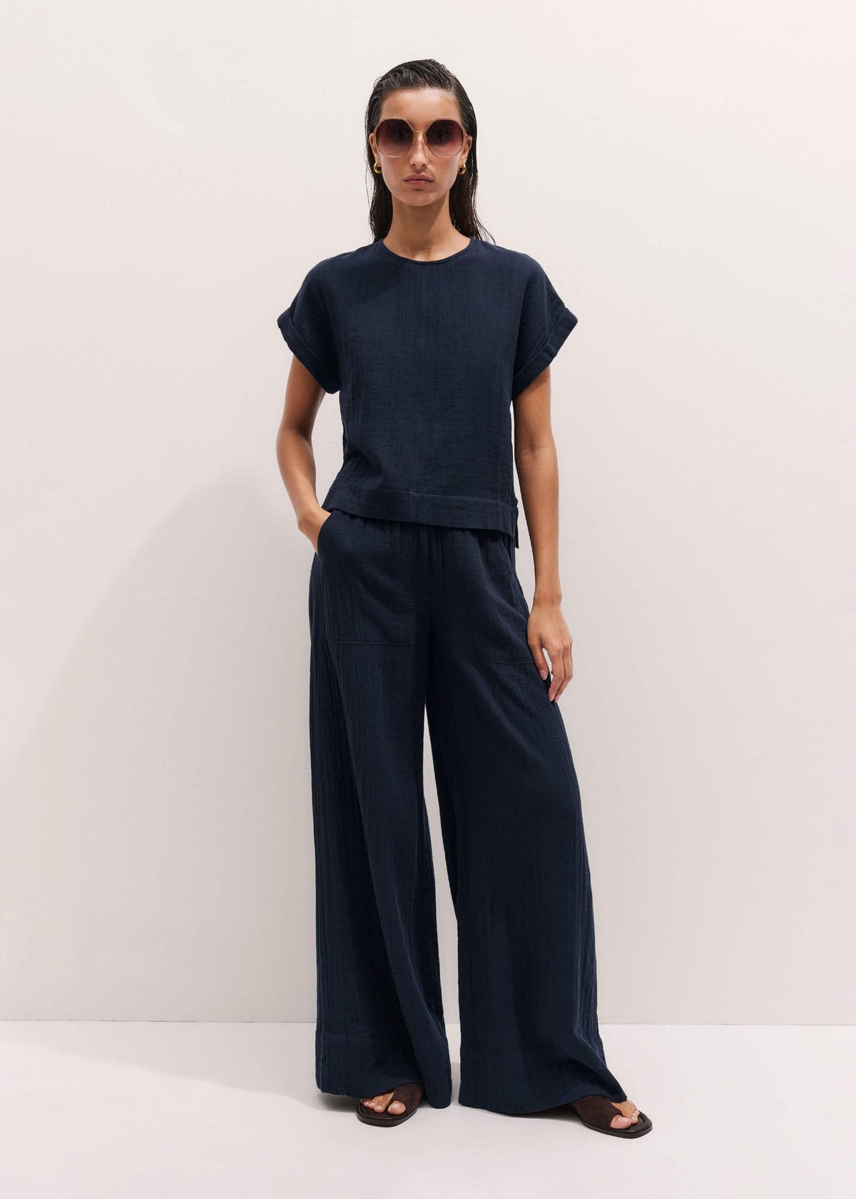 Navy Cheesecloth Wide-Leg Pant | ME+EM Clothing