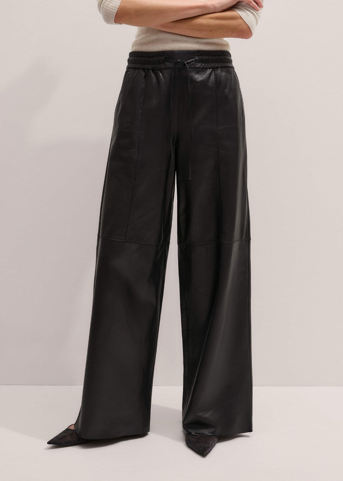 Warm Black Leather Wide-Leg Track Pant | ME+EM Clothing