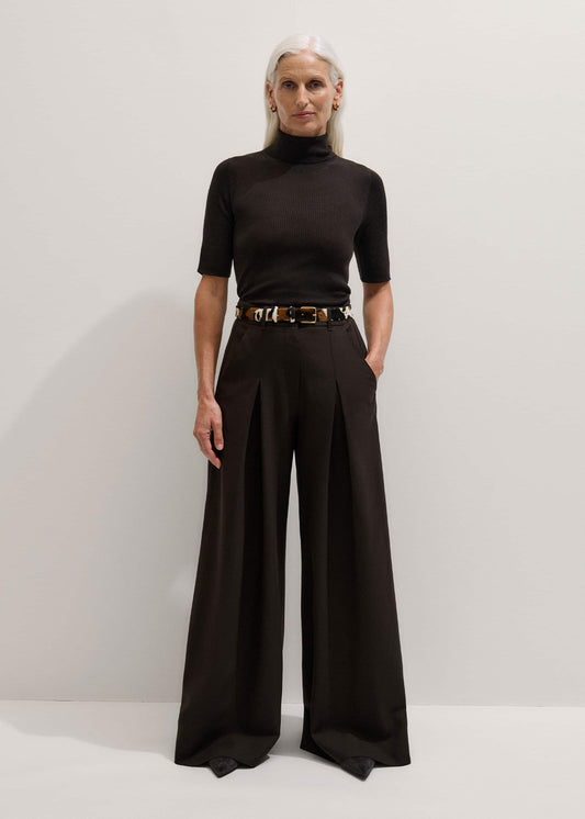 Brown Wool Ultimate Pleat-Front Wide-Leg Pant | ME+EM Clothing