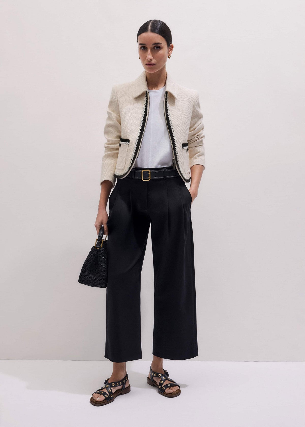 Black Straight Crop Pleat Front Pant | ME+EM Clothing