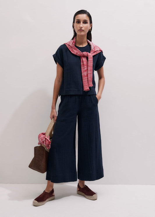 Navy Cheesecloth Cropped Wide-Leg Pant | ME+EM Clothing