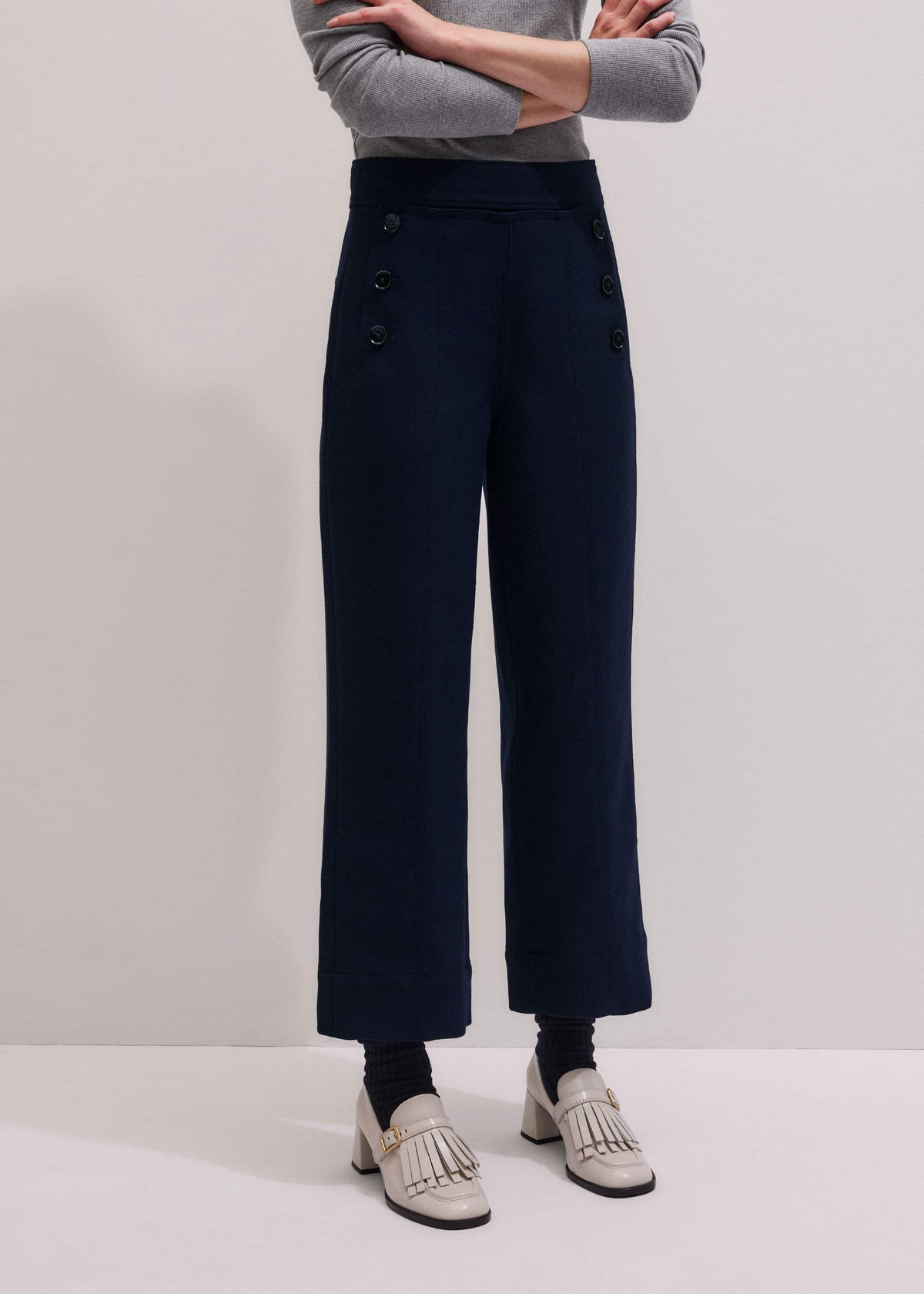 Navy Button Front Straight Crop Pant | ME+EM Clothing