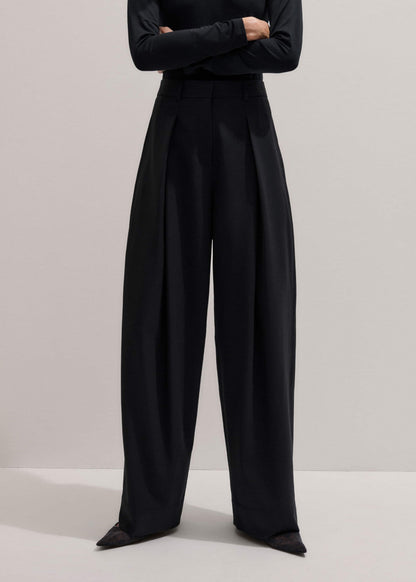 Black Wool Exaggerated Tapered Pleat Pant | ME+EM Clothing