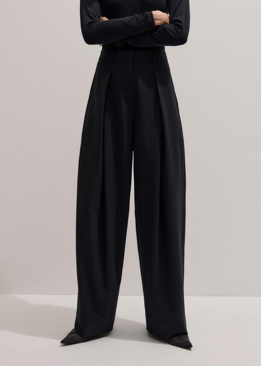 Black Wool Exaggerated Tapered Pleat Pant | ME+EM Clothing