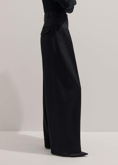 Black Wool Exaggerated Tapered Pleat Pant | ME+EM Clothing
