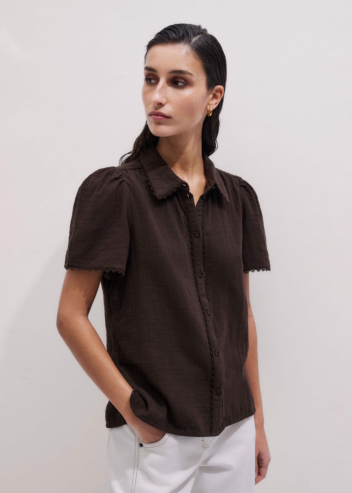 Brown Cheesecloth Trim Detail Blouse | ME+EM Clothing