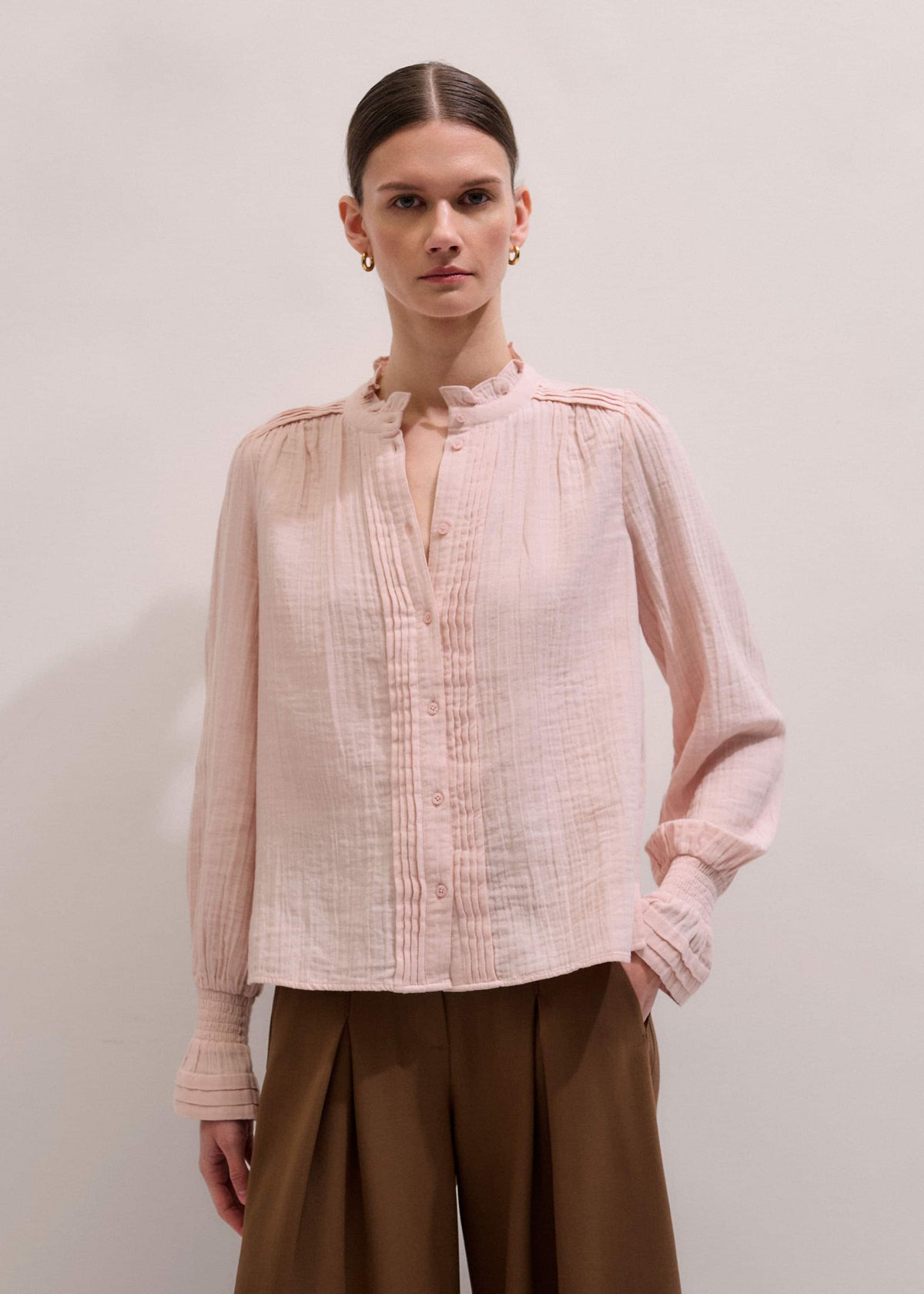 Pink Pleat Detail Long Sleeve Cheesecloth Blouse | ME+EM Clothing