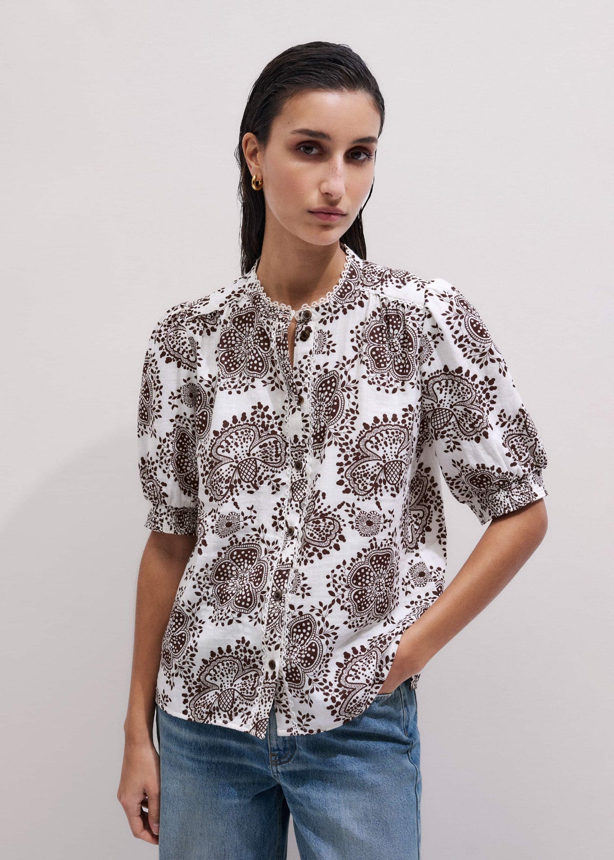White Cheesecloth In-Full-Bloom Print Straight Blouse | ME+EM Clothing