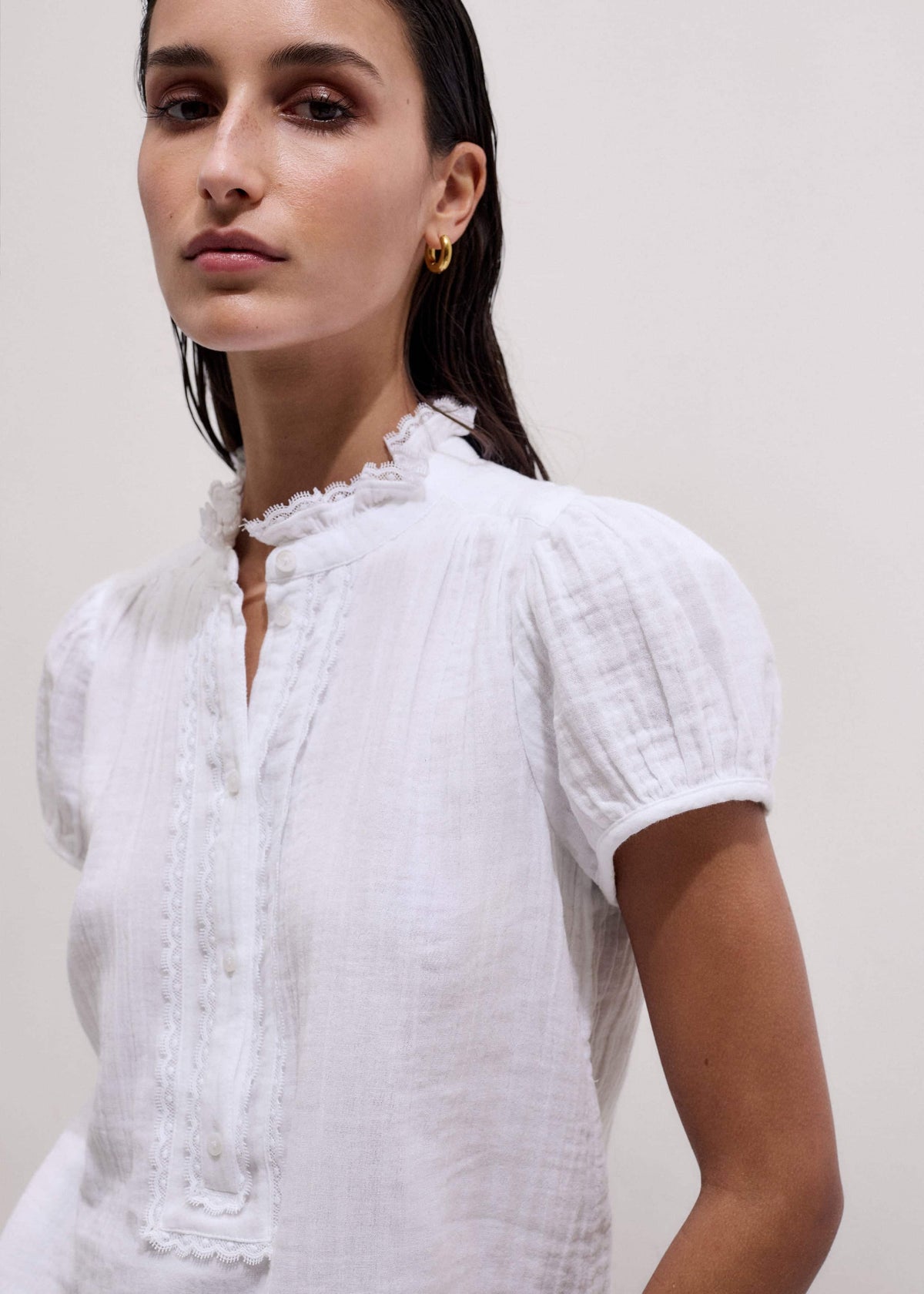White Straight Cheesecloth Cap-Sleeve Blouse | ME+EM Clothing