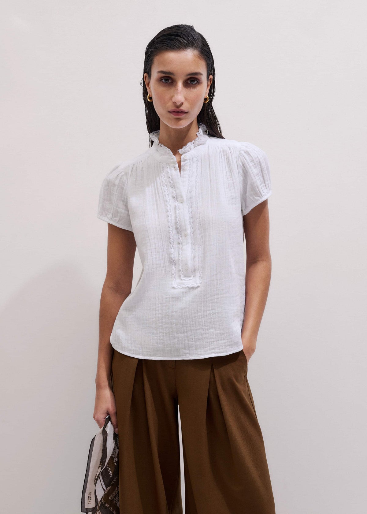 White Straight Cheesecloth Cap-Sleeve Blouse | ME+EM Clothing