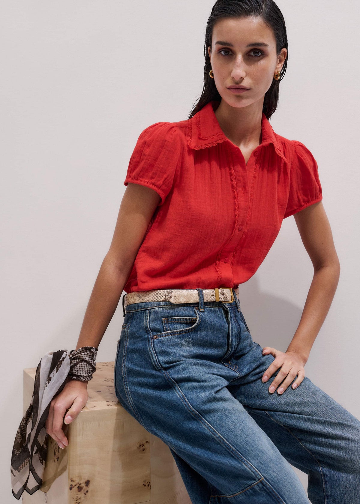 Red Cheesecloth Cap-Sleeve Blouse | ME+EM Clothing