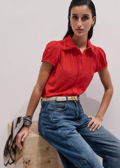 Red Cheesecloth Cap-Sleeve Blouse | ME+EM Clothing