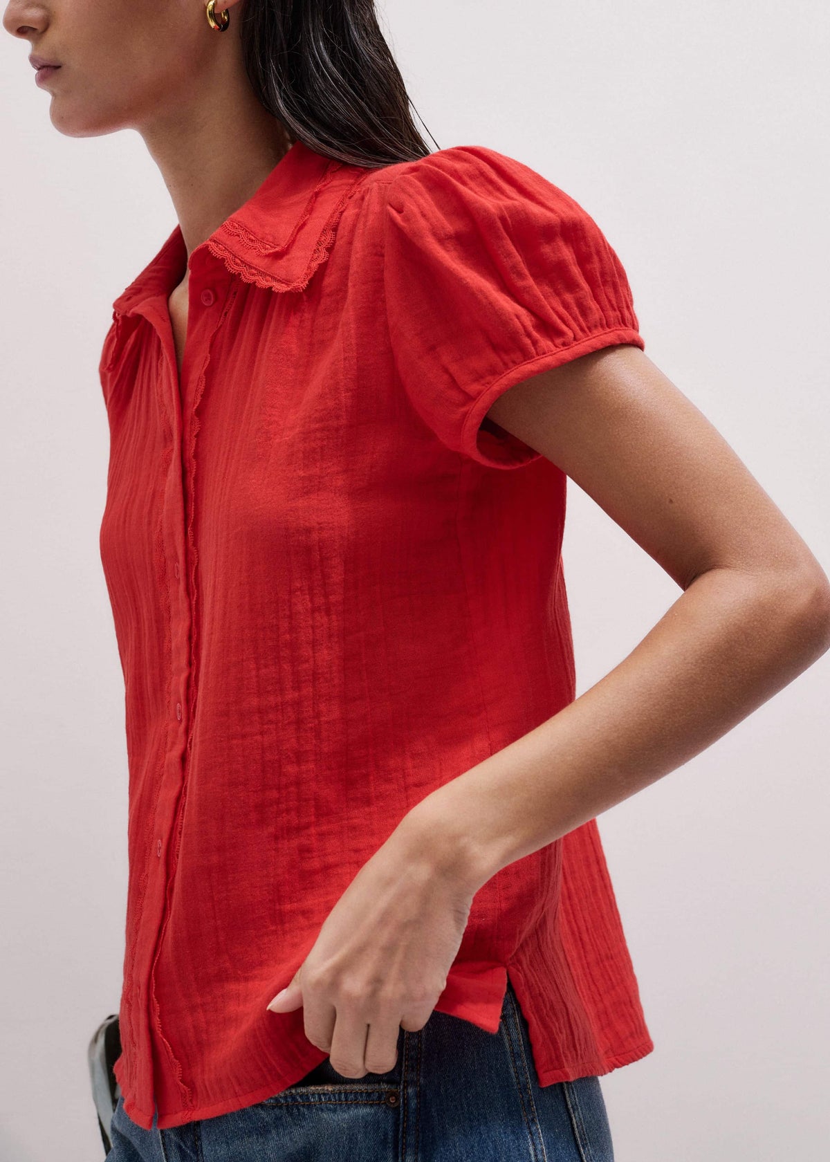 Red Cheesecloth Cap-Sleeve Blouse | ME+EM Clothing