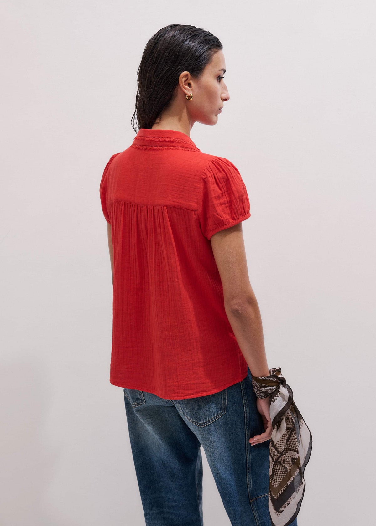 Red Cheesecloth Cap-Sleeve Blouse | ME+EM Clothing