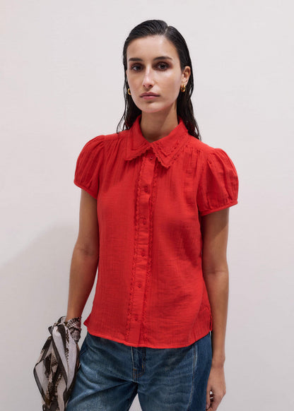 Red Cheesecloth Cap-Sleeve Blouse | ME+EM Clothing