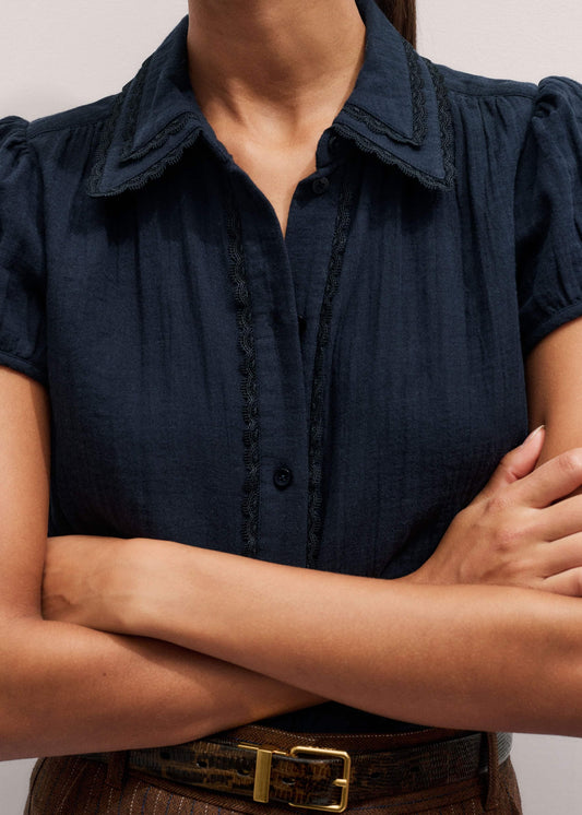 Navy Cheesecloth Cap-Sleeve Blouse | ME+EM Clothing