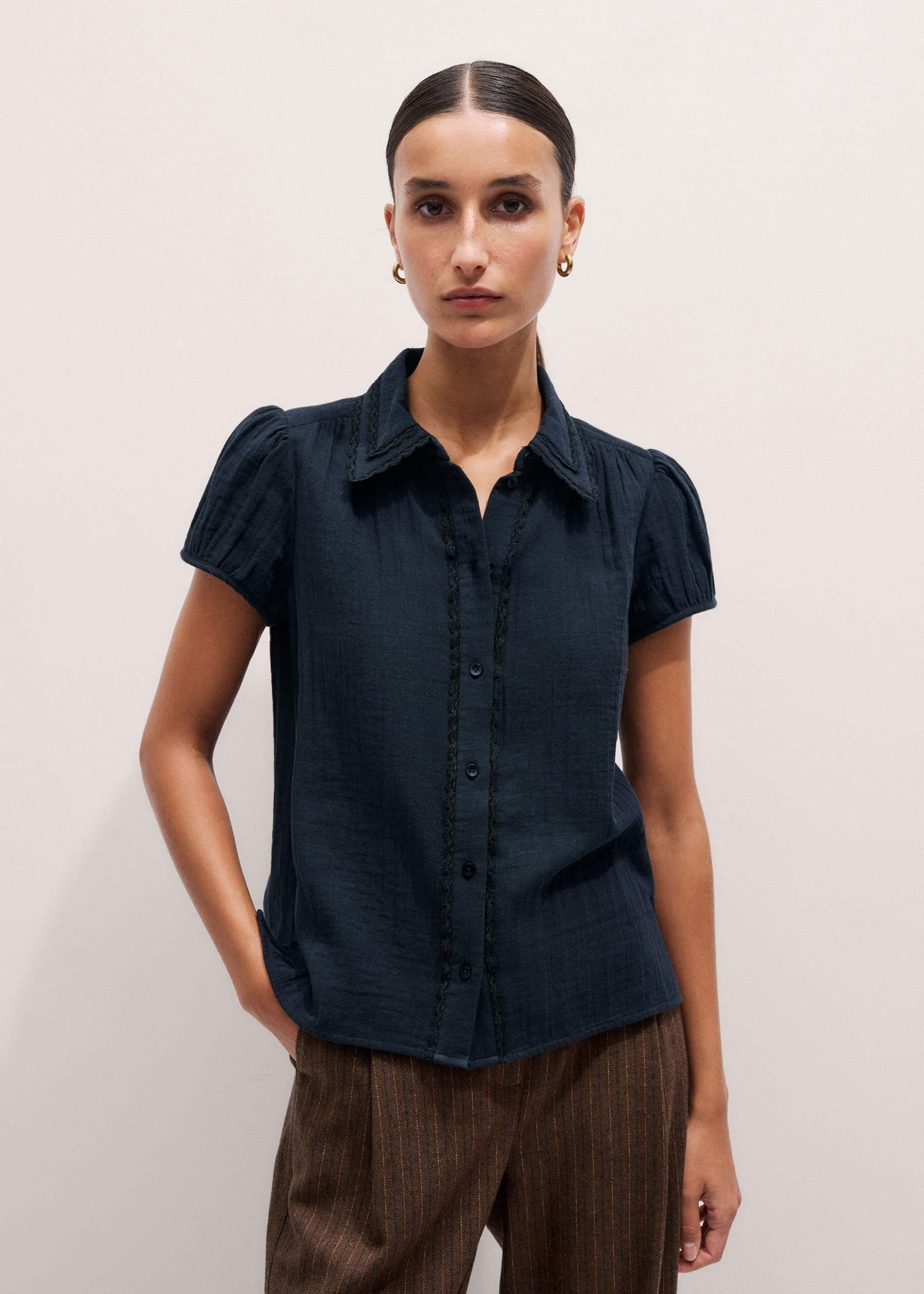 Navy Cheesecloth Cap-Sleeve Blouse | ME+EM Clothing
