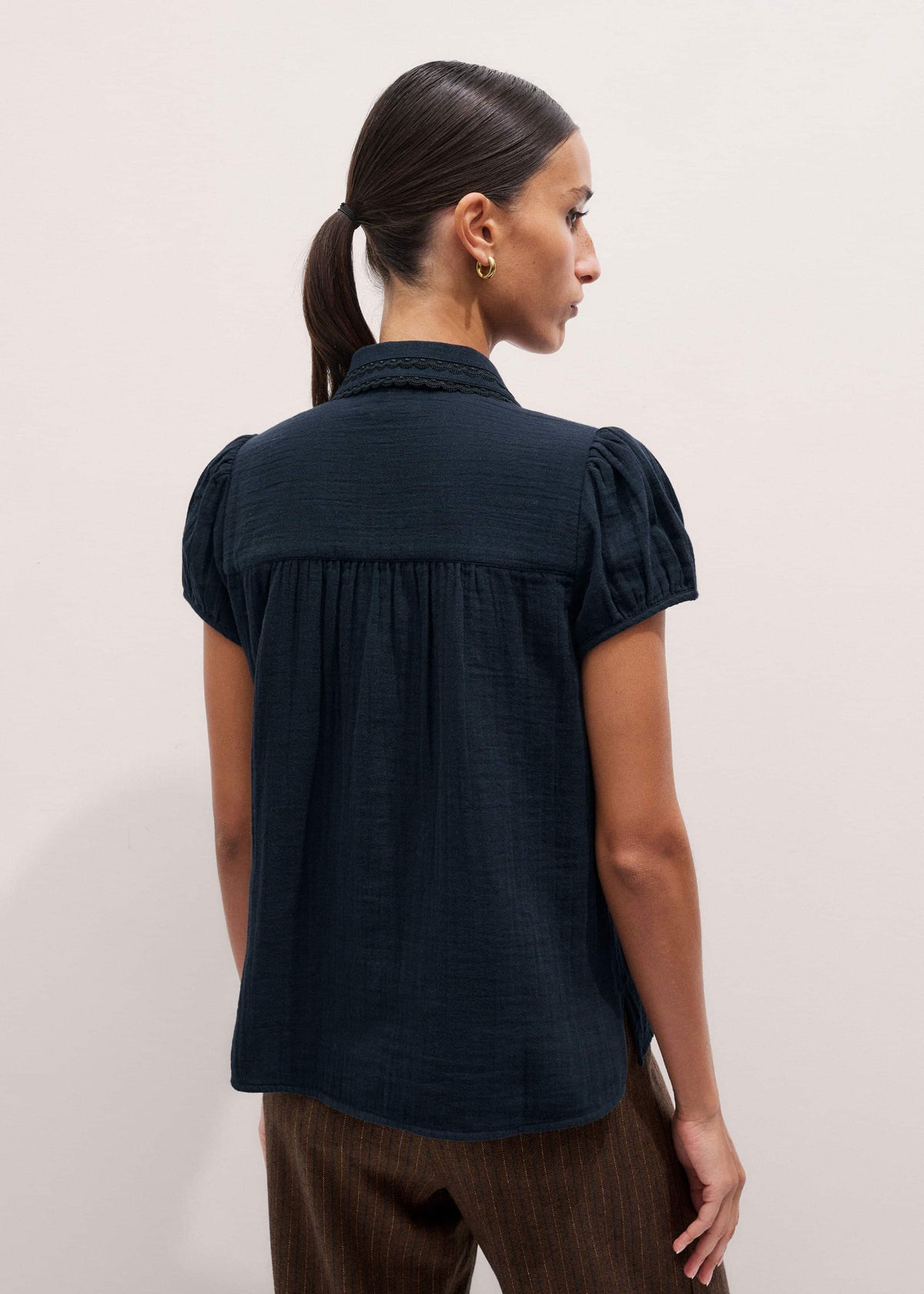 Navy Cheesecloth Cap-Sleeve Blouse | ME+EM Clothing