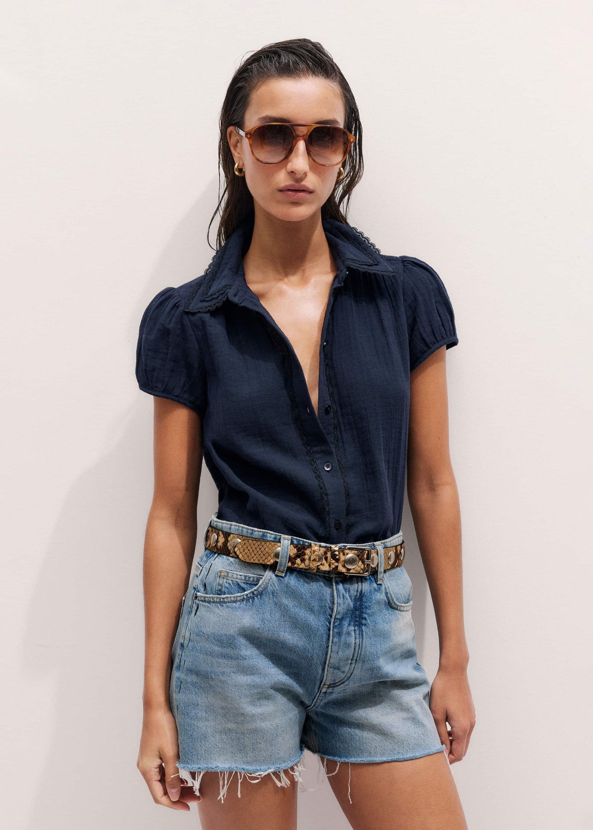 Navy Cheesecloth Cap-Sleeve Blouse | ME+EM Clothing