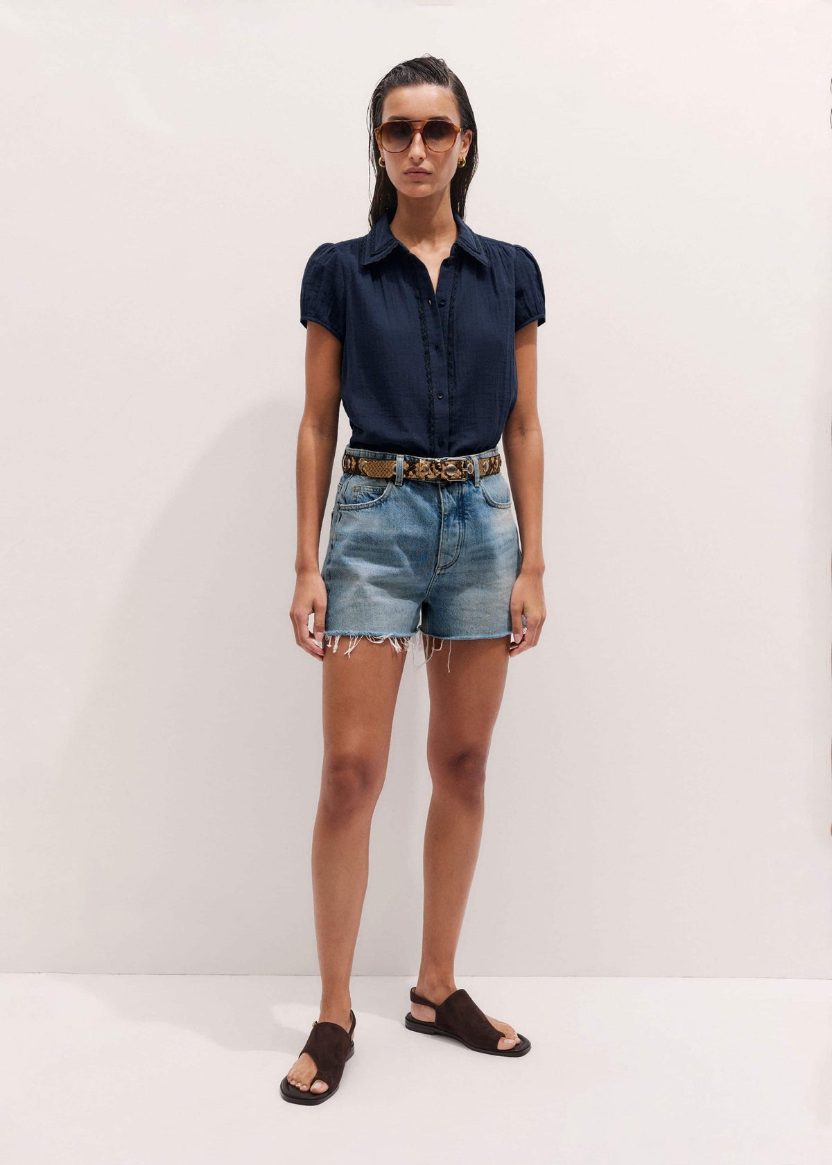 Navy Cheesecloth Cap-Sleeve Blouse | ME+EM Clothing