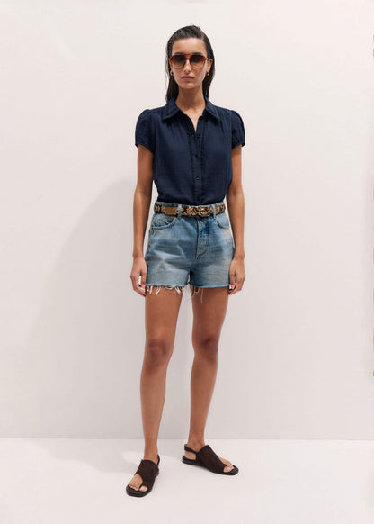 Navy Cheesecloth Cap-Sleeve Blouse | ME+EM Clothing