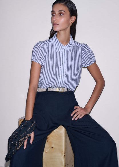 Navy Cheesecloth Stripe Cap-Sleeve Blouse | ME+EM Clothing