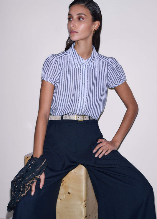 Navy Cheesecloth Stripe Cap-Sleeve Blouse | ME+EM Clothing