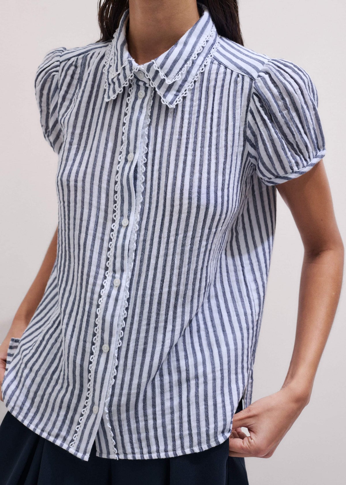 Navy Cheesecloth Stripe Cap-Sleeve Blouse | ME+EM Clothing