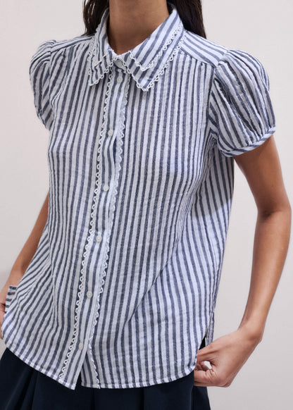 Navy Cheesecloth Stripe Cap-Sleeve Blouse | ME+EM Clothing