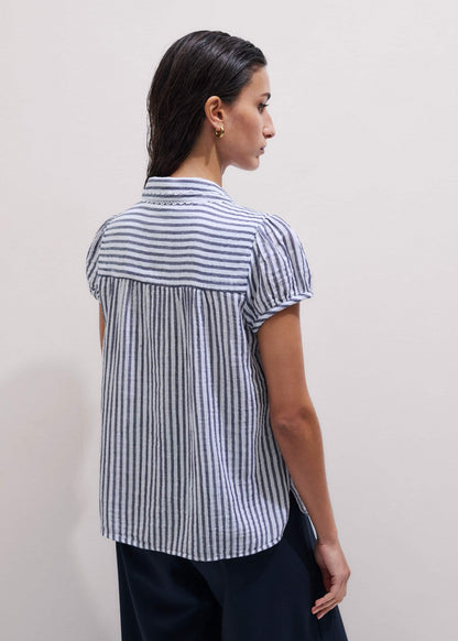 Navy Cheesecloth Stripe Cap-Sleeve Blouse | ME+EM Clothing