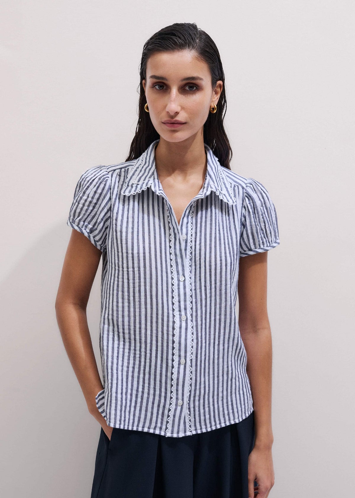 Navy Cheesecloth Stripe Cap-Sleeve Blouse | ME+EM Clothing