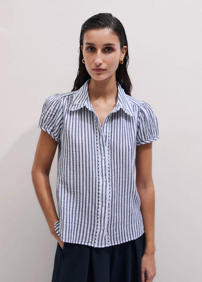 Navy Cheesecloth Stripe Cap-Sleeve Blouse | ME+EM Clothing