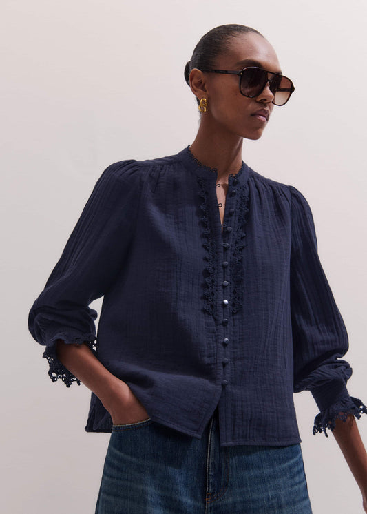 Navy Cheesecloth Intricate Detail Blouse | ME+EM Clothing