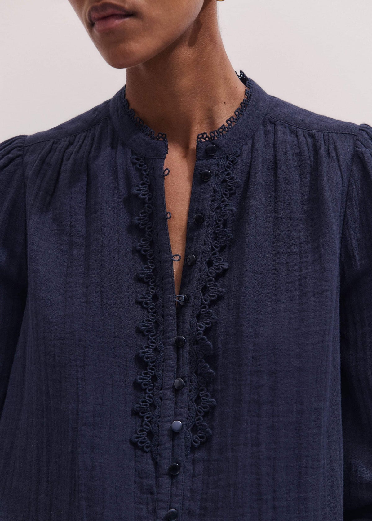 Navy Cheesecloth Intricate Detail Blouse | ME+EM Clothing