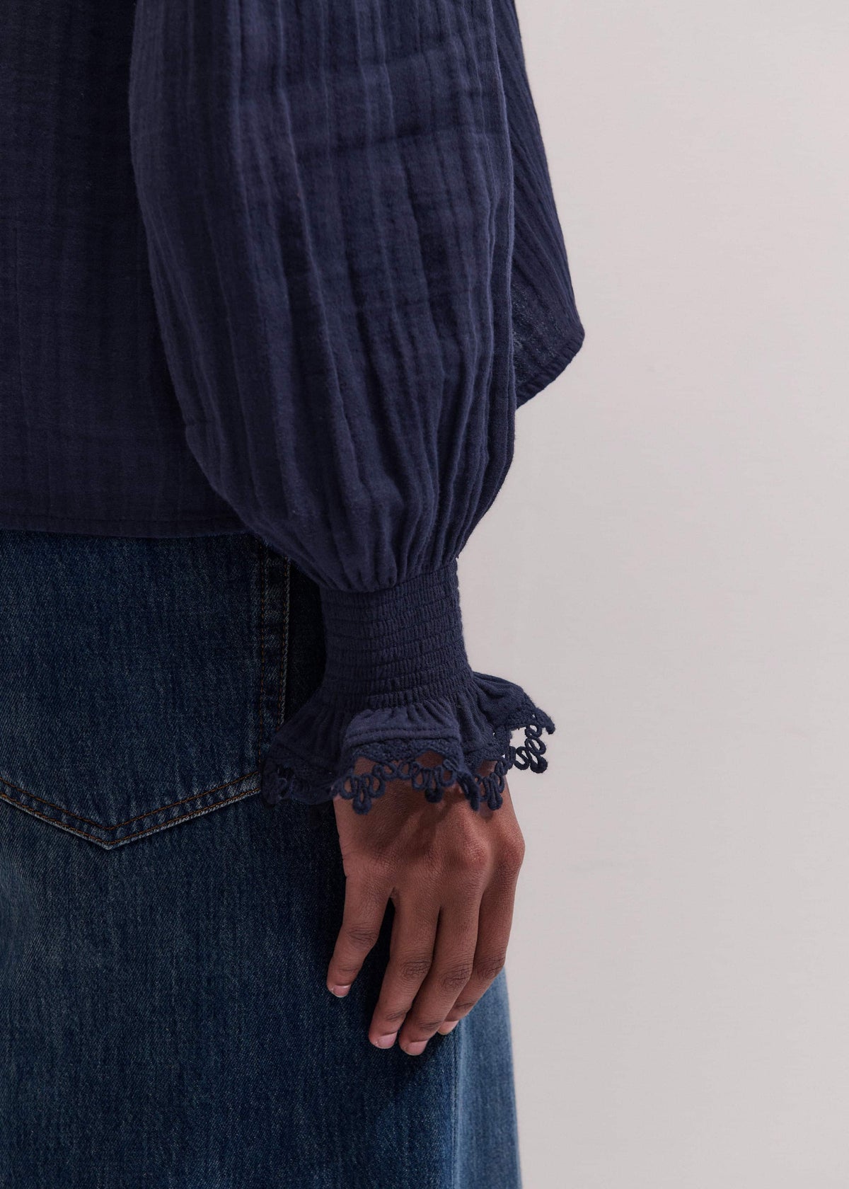 Navy Cheesecloth Intricate Detail Blouse | ME+EM Clothing
