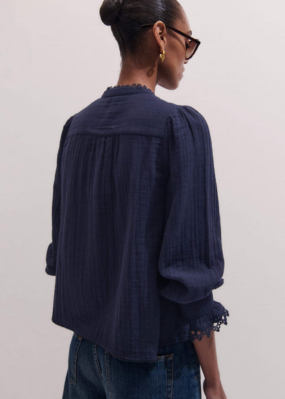 Navy Cheesecloth Intricate Detail Blouse | ME+EM Clothing