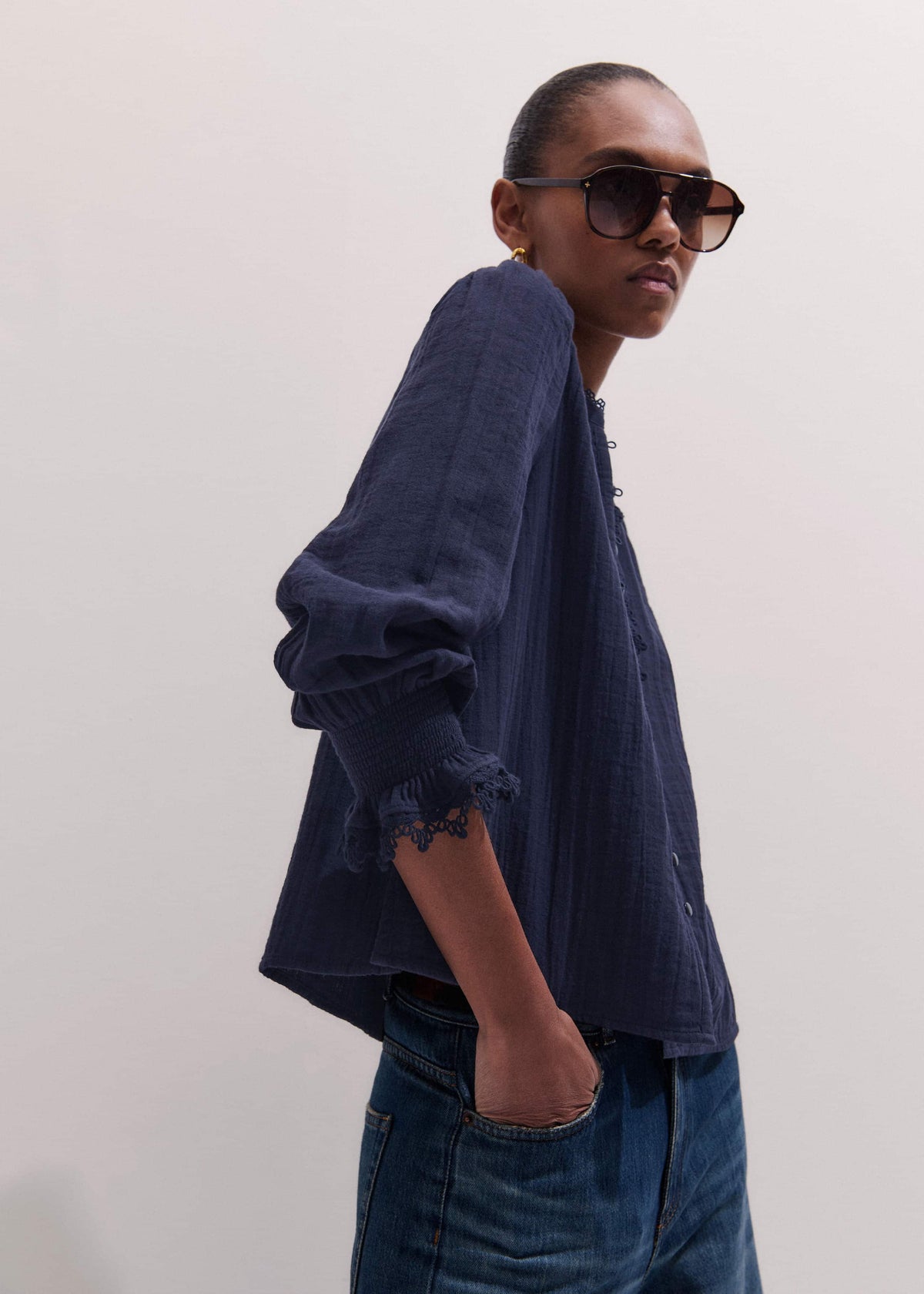 Navy Cheesecloth Intricate Detail Blouse | ME+EM Clothing