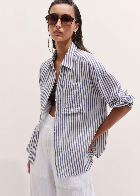 Navy Cheesecloth Relaxed Stripe Shirt | ME+EM Clothing