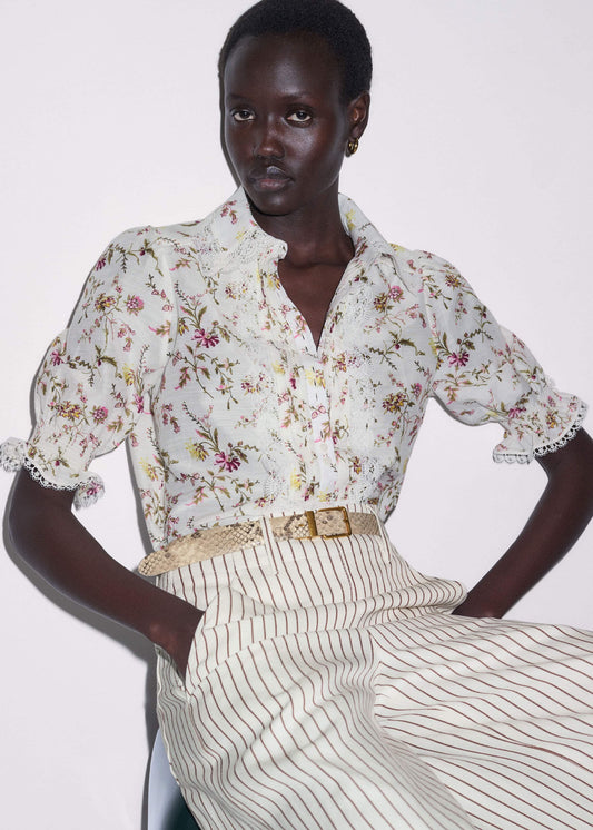 Cream Silk Cotton Wild Spring Floral Print Blouse | ME+EM Clothing
