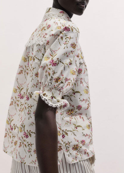 Cream Silk Cotton Wild Spring Floral Print Blouse | ME+EM Clothing