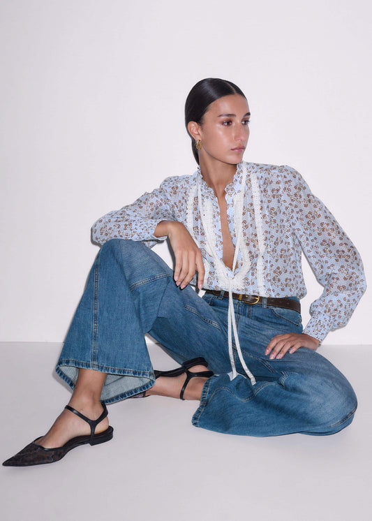 Blue Scallop Daisy Print Trim Detail Blouse + Tie | ME+EM Clothing