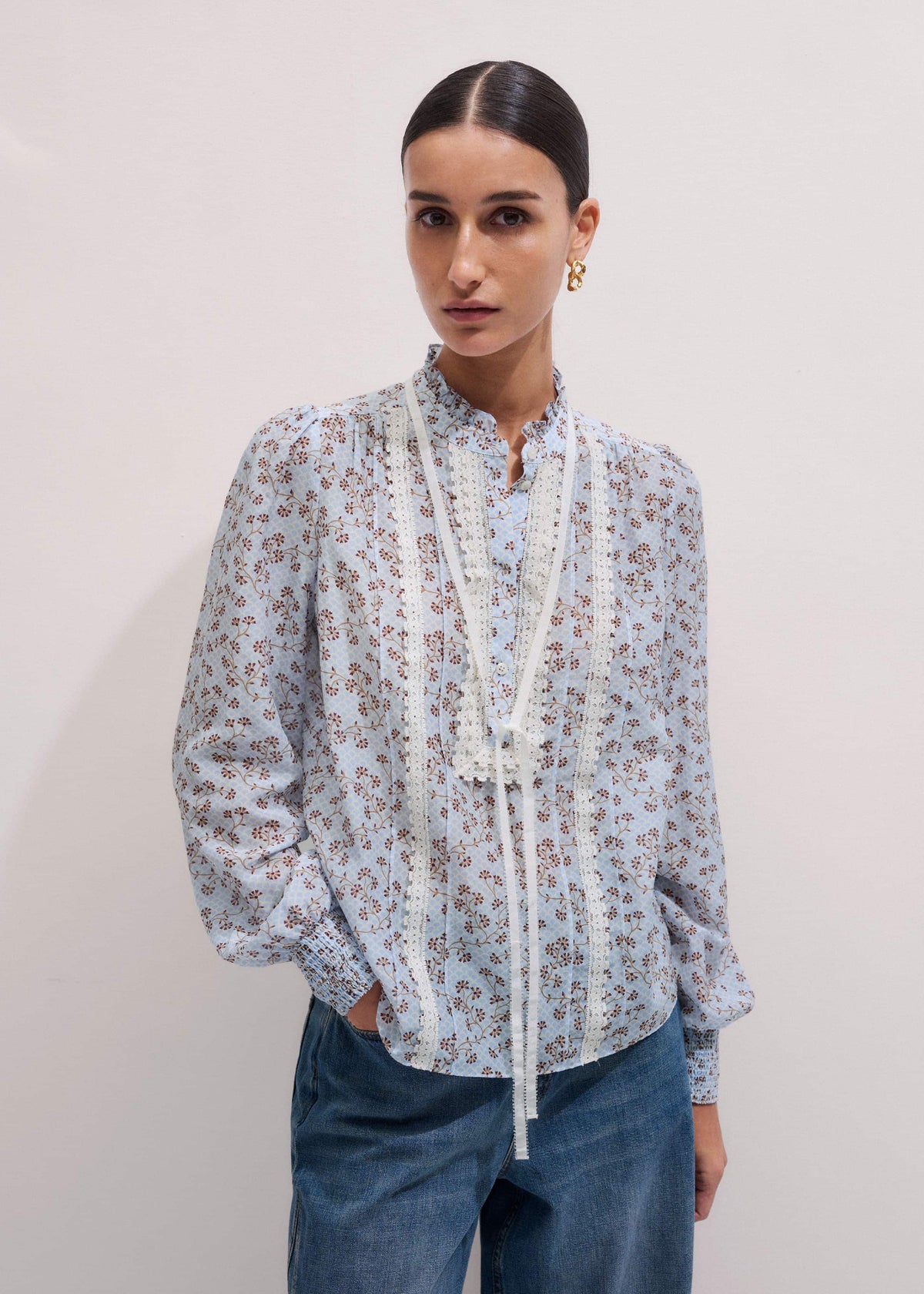 Blue Scallop Daisy Print Trim Detail Blouse + Tie | ME+EM Clothing