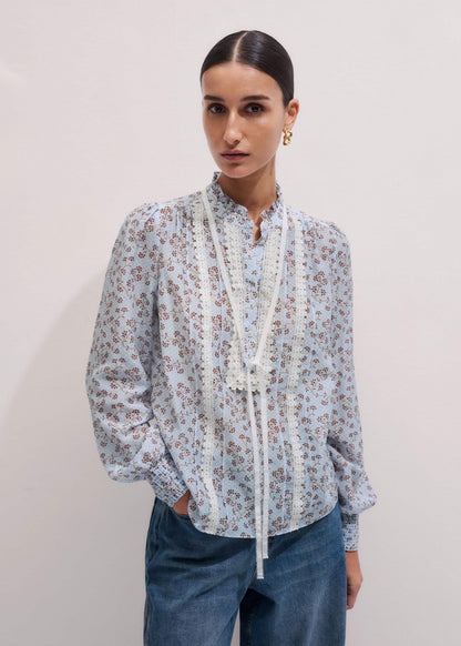 Blue Scallop Daisy Print Trim Detail Blouse + Tie | ME+EM Clothing
