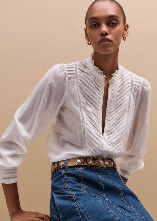 White Delicate Pintucked High-Neck Top | ME+EM Clothing