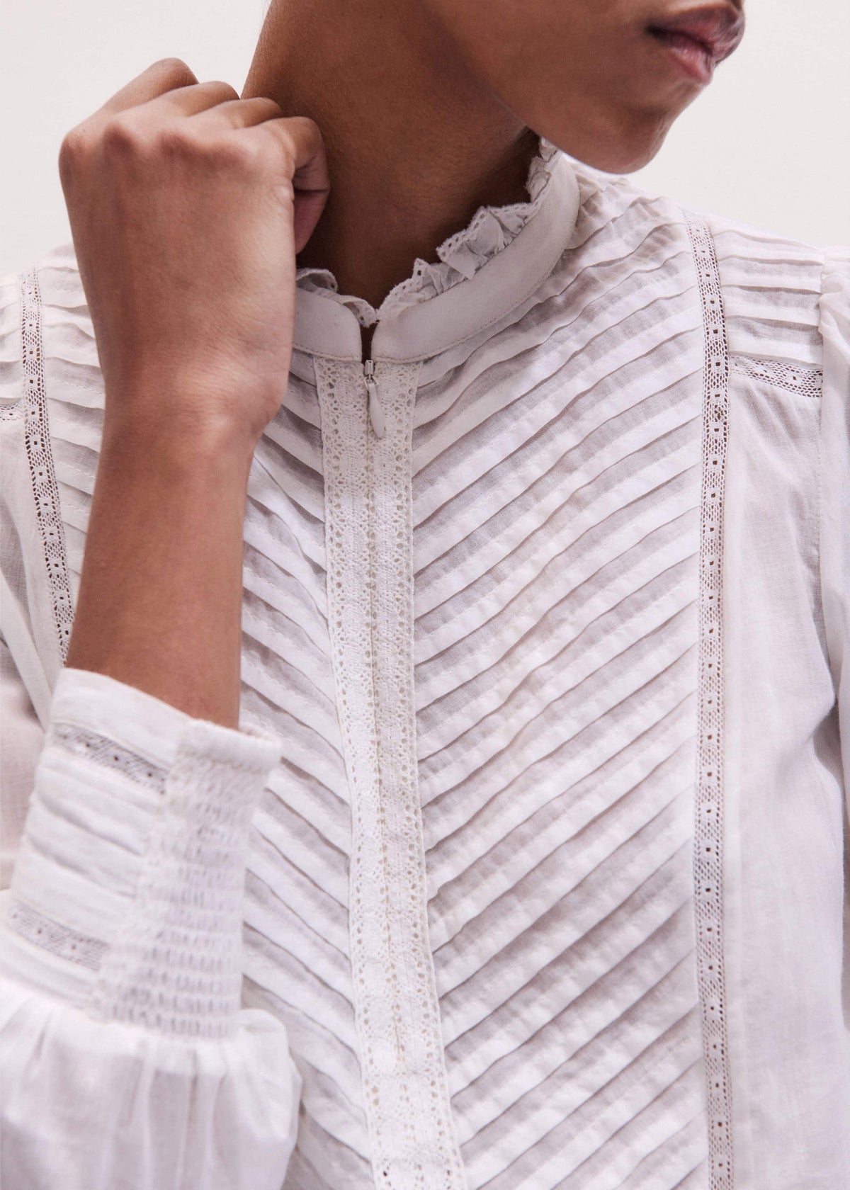 White Delicate Pintucked High-Neck Top | ME+EM Clothing